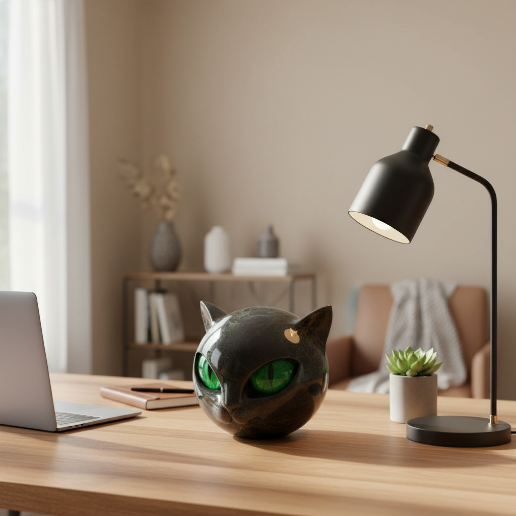 Sculpture artistique féerique d'une tête de chat noir