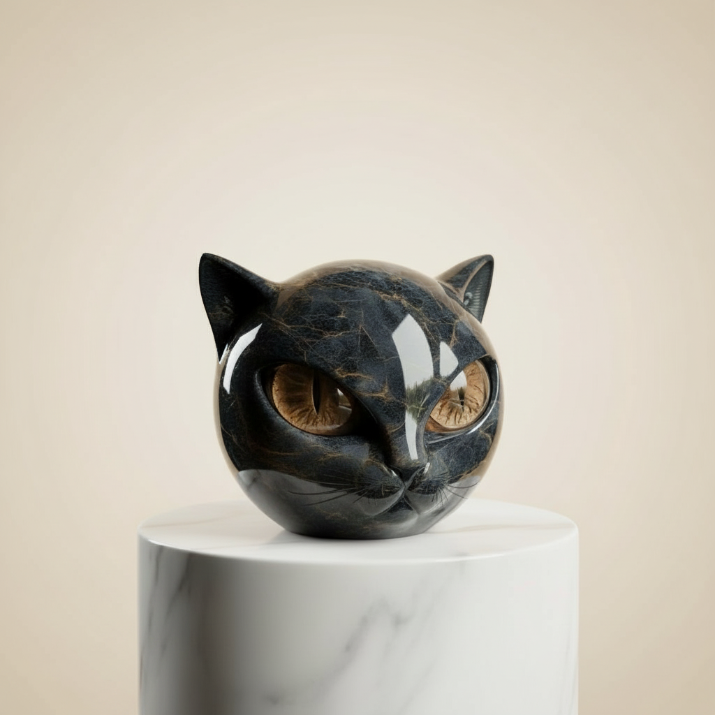 Sculpture artistique féerique d'une tête de chat noir