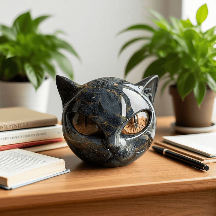 Sculpture artistique féerique d'une tête de chat noir