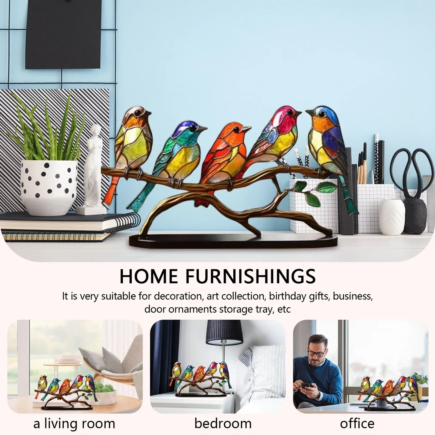 Sculpture oiseaux en acrylique sur branche – décoration artistique élégante pour la maison