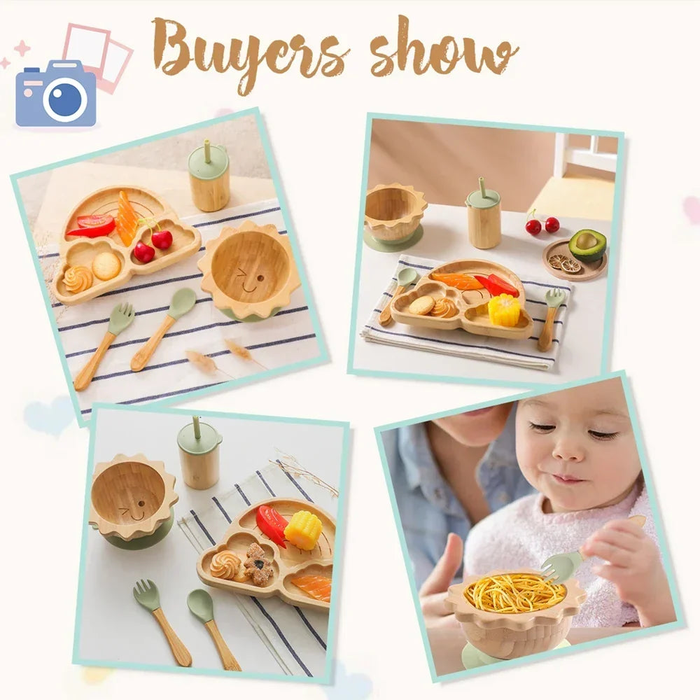 Service de vaisselle en bambou avec ventouses pour bébé – bols et assiettes pour tout-petit sûrs et élégants