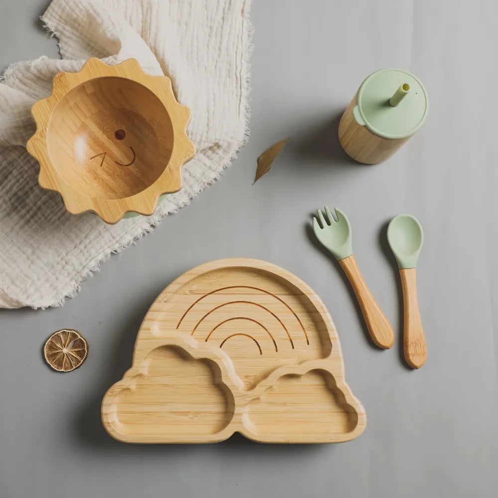 Service de vaisselle en bambou avec ventouses pour bébé – bols et assiettes pour tout-petit sûrs et élégants
