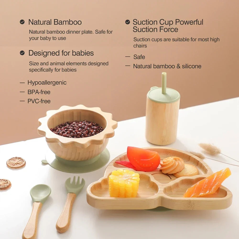 Service de vaisselle en bambou avec ventouses pour bébé – bols et assiettes pour tout-petit sûrs et élégants