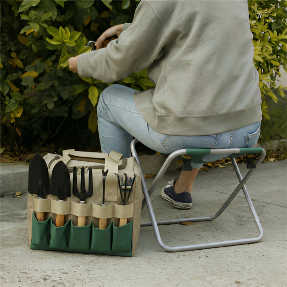 Set d'outils de jardinage 6 pièces avec tabouret pliant et sac de transport
