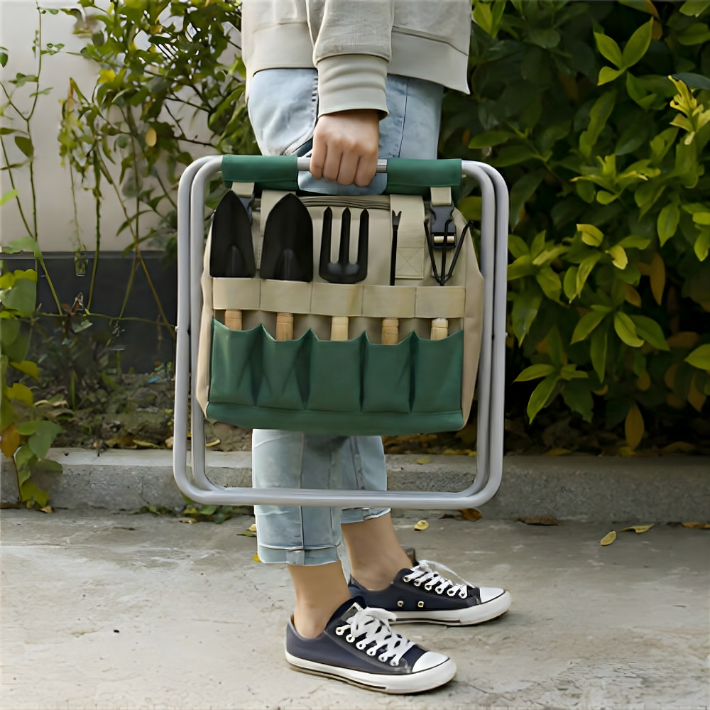 Set d'outils de jardinage 6 pièces avec tabouret pliant et sac de transport