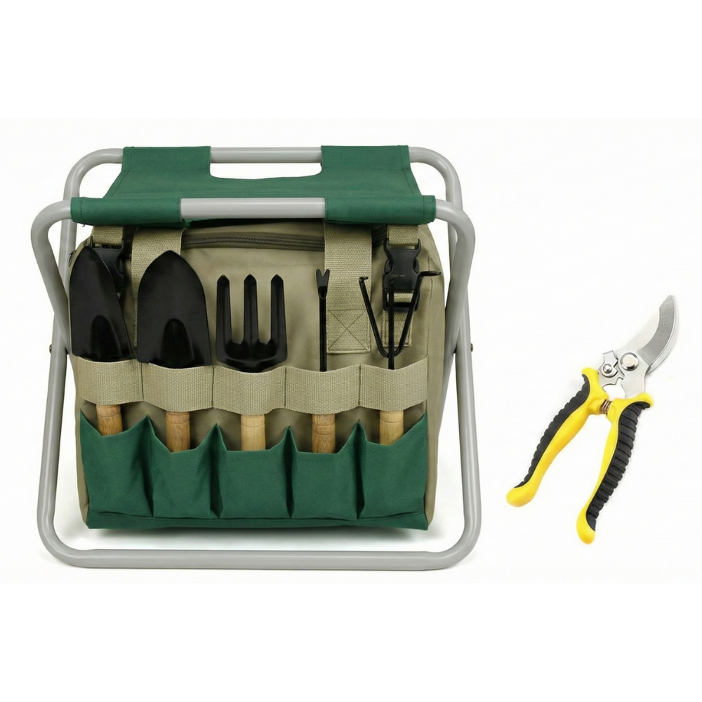 Set d'outils de jardinage 6 pièces avec tabouret pliant et sac de transport