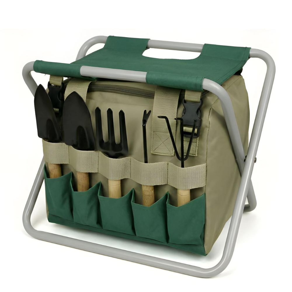 Set d'outils de jardinage 6 pièces avec tabouret pliant et sac de transport