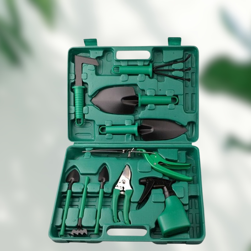 Set d'outils de jardinage en acier inoxydable avec mallette de rangement, 10 pièces
