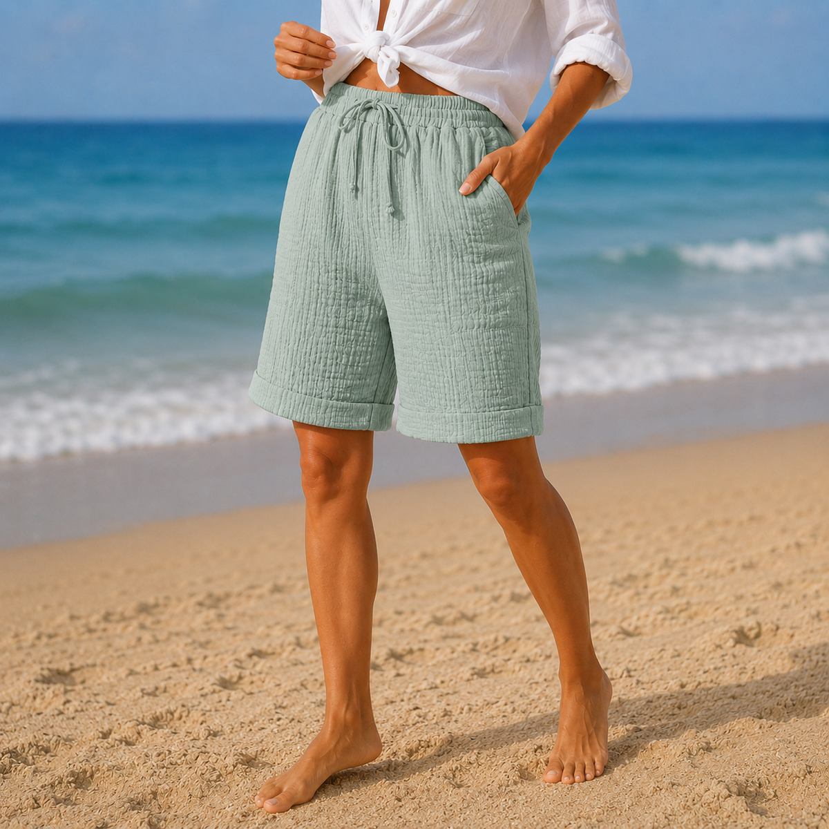 Short bermuda froissé à taille coulissante et poches
