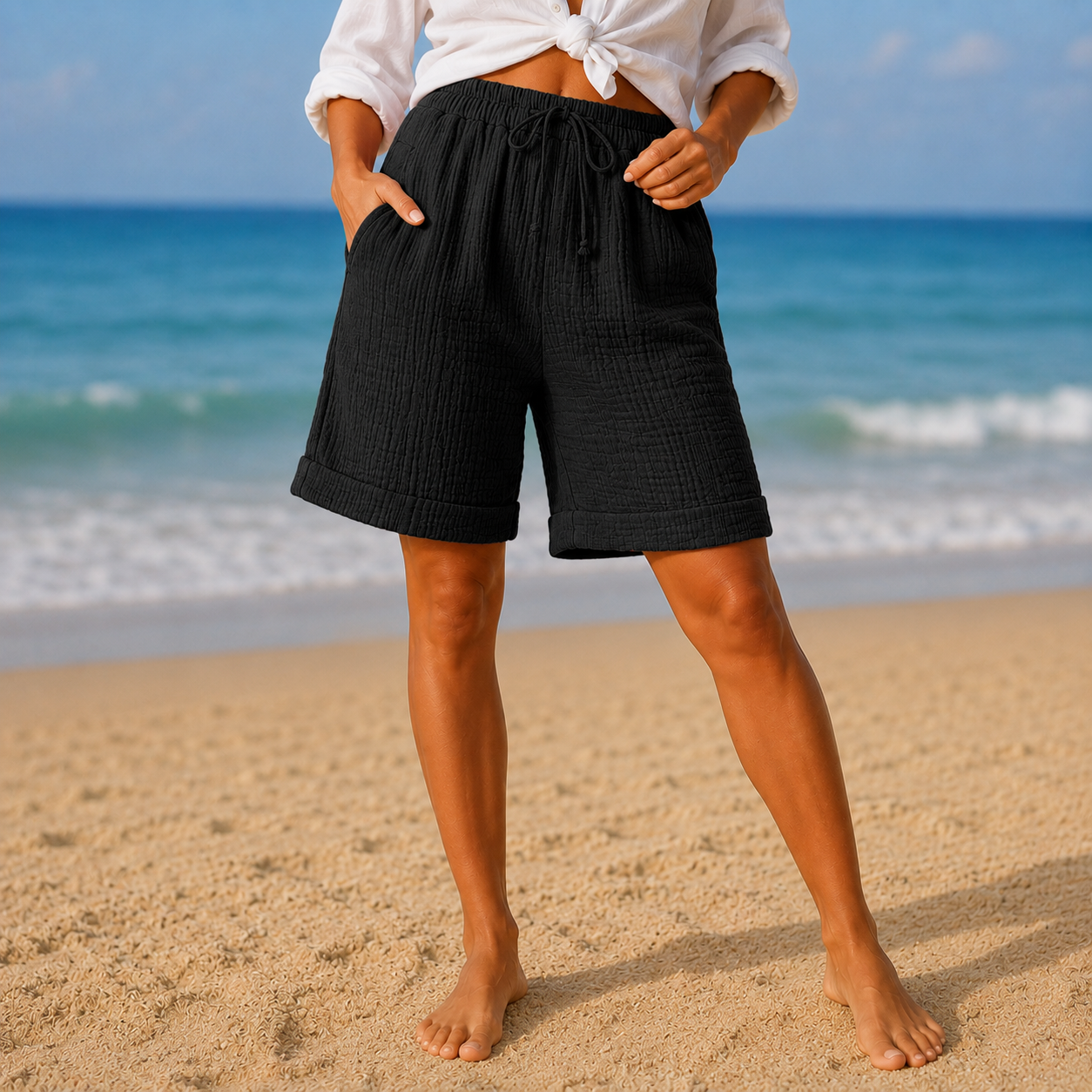 Short bermuda froissé à taille coulissante et poches