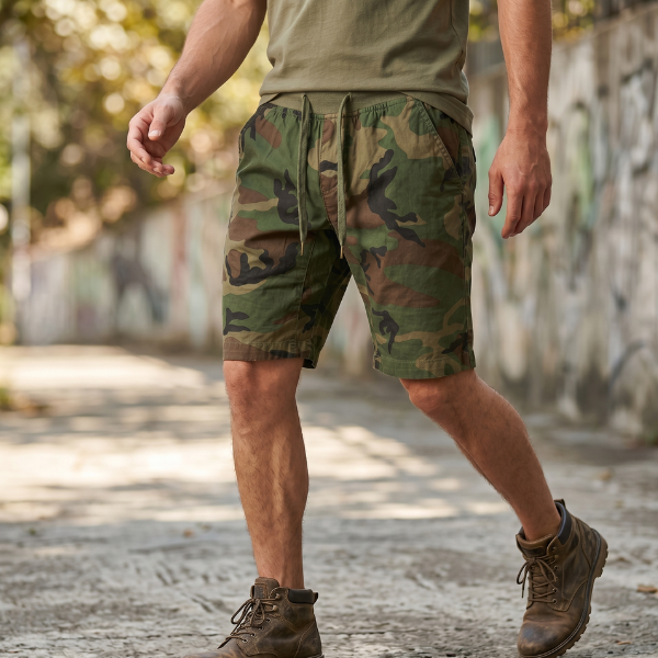 Short cargo camouflage homme – Short utilitaire longueur genou avec ceinture ajustable