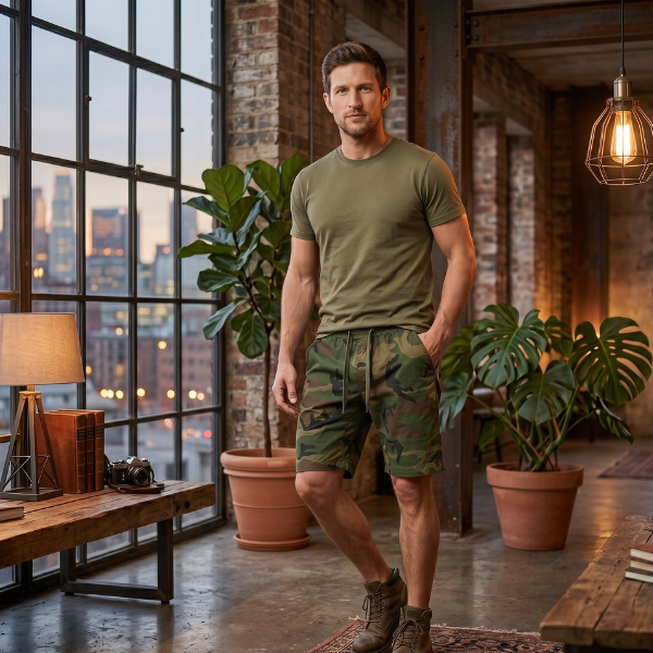 Short cargo camouflage homme – Short utilitaire longueur genou avec ceinture ajustable