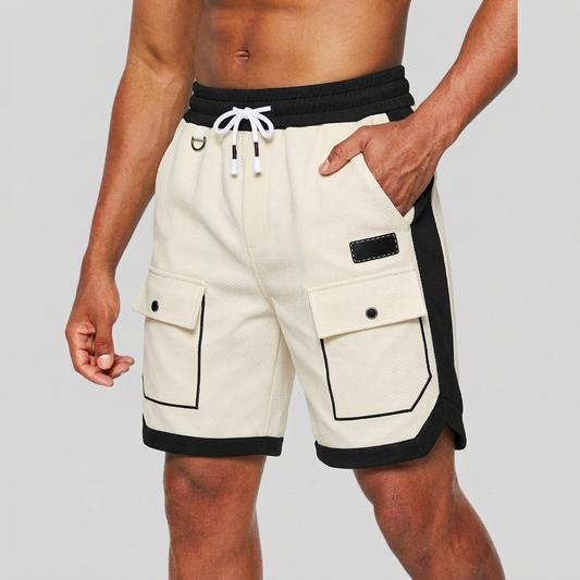 Short cargo homme coupe ample avec panneaux contrastants et cordon de serrage à la taille