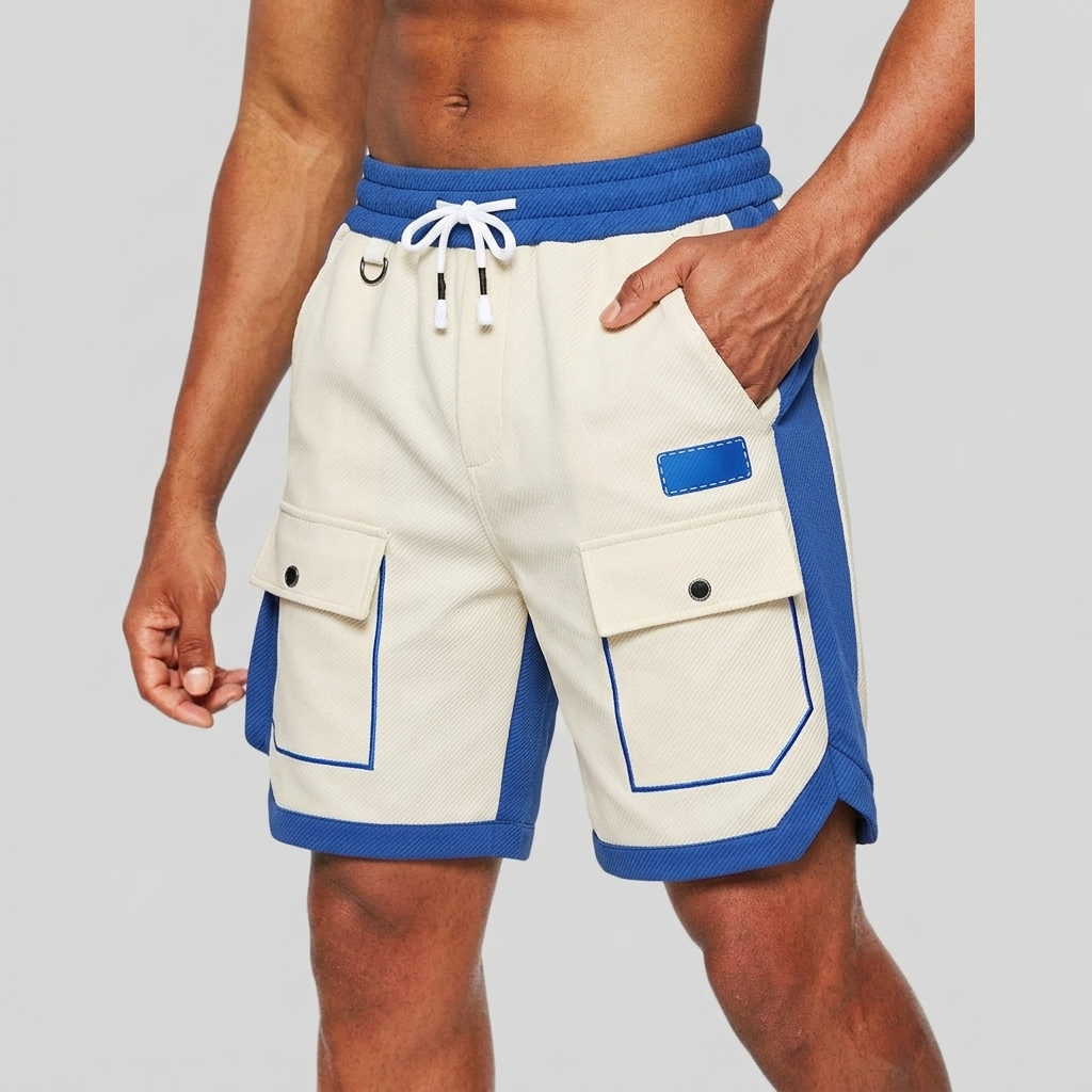 Short cargo homme coupe ample avec panneaux contrastants et cordon de serrage à la taille