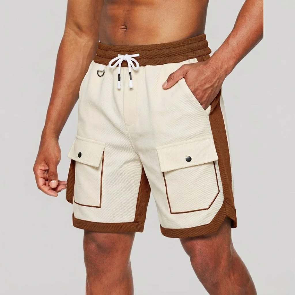 Short cargo homme coupe ample avec panneaux contrastants et cordon de serrage à la taille