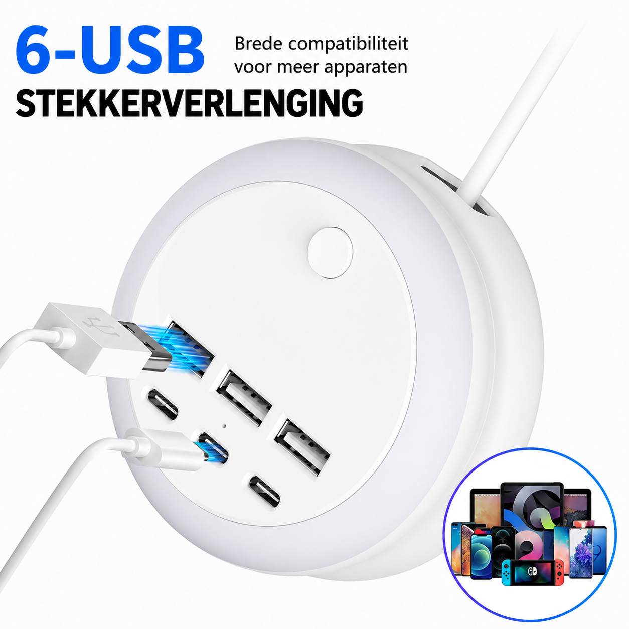 Station de charge USB 7-en-1 avec câble rétractable et éclairage d'ambiance 8 couleurs