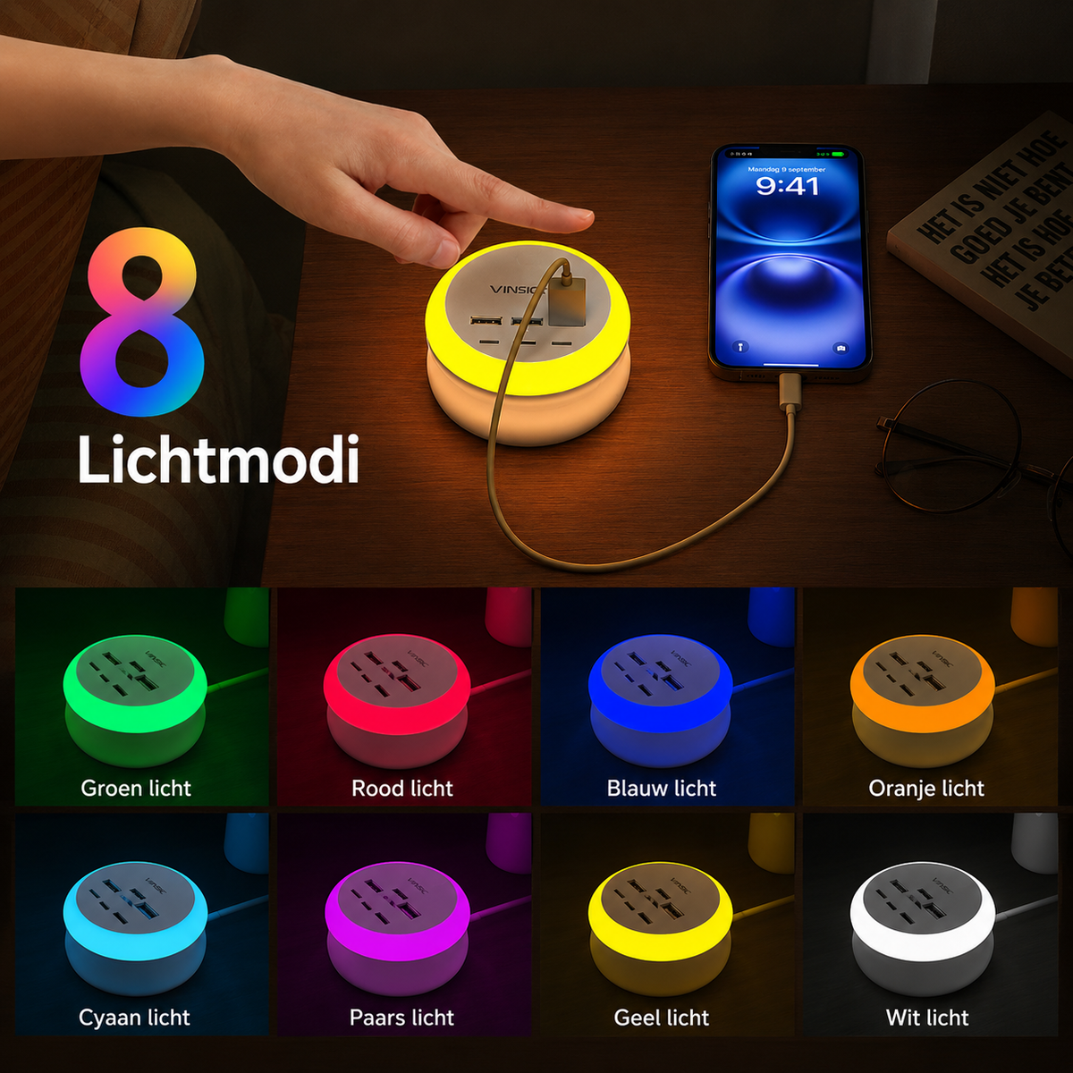 Station de charge USB 7-en-1 avec câble rétractable et éclairage d'ambiance 8 couleurs