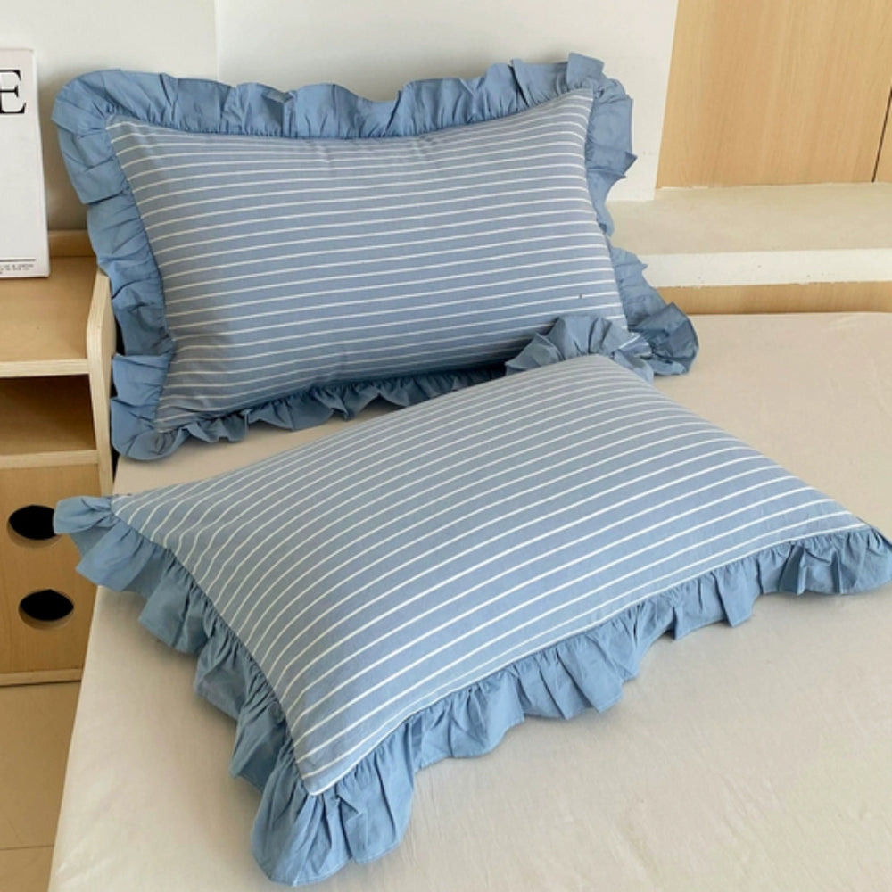 Striped Ruffled Lace Pillowcases in Multiple Colors