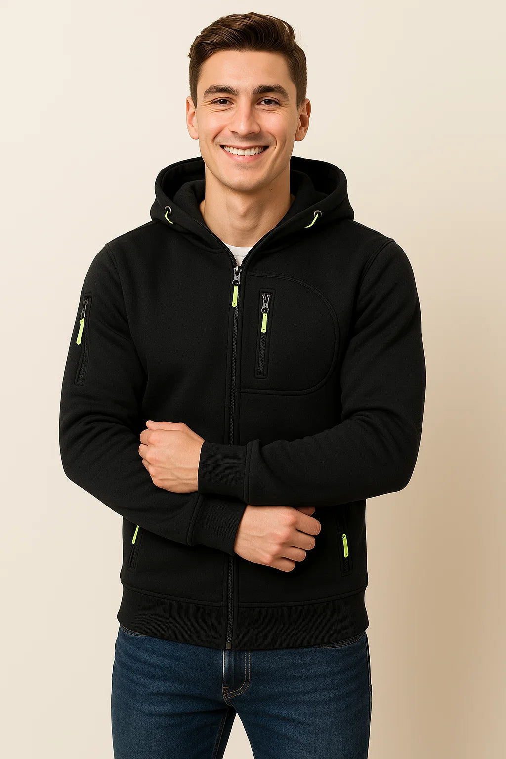 Sweat à capuche zippé en polaire douce pour homme avec poches