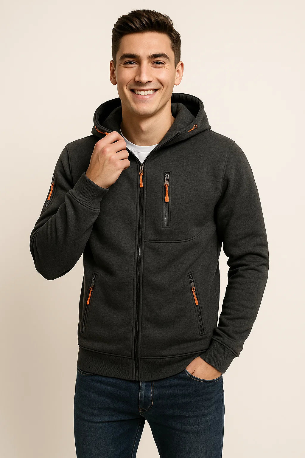 Sweat à capuche zippé en polaire douce pour homme avec poches