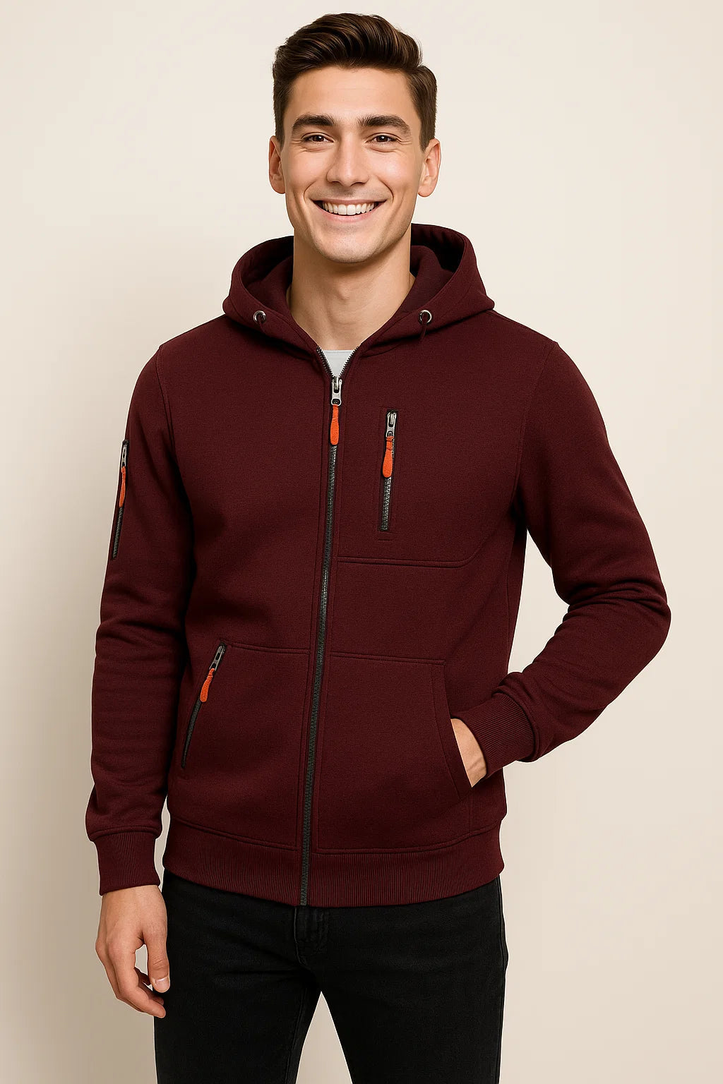 Sweat à capuche zippé en polaire douce pour homme avec poches