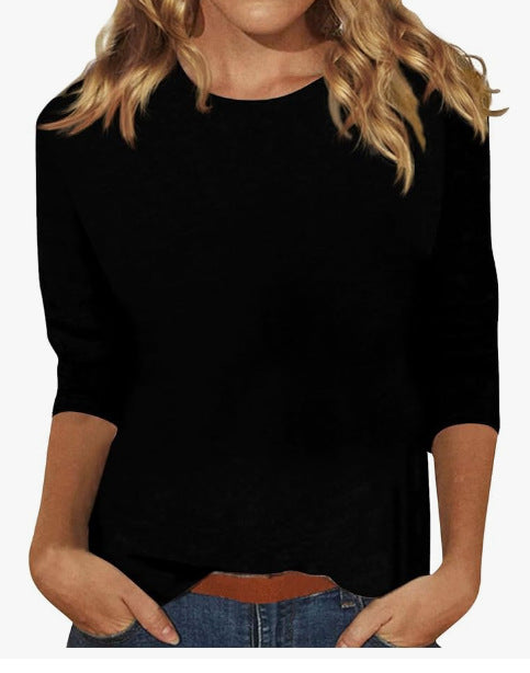 T-shirt à manches longues et col rond en coton doux pour femme