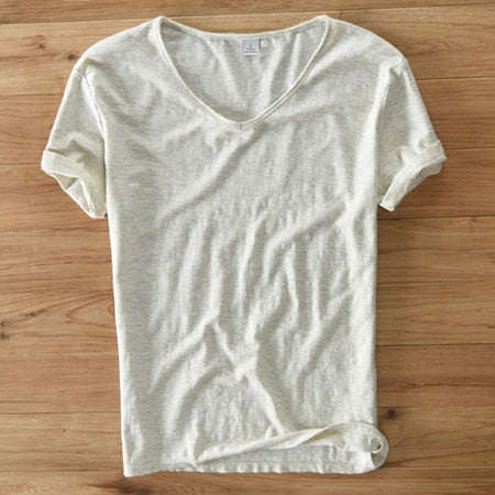 T-shirt col en V en lin et coton pour homme