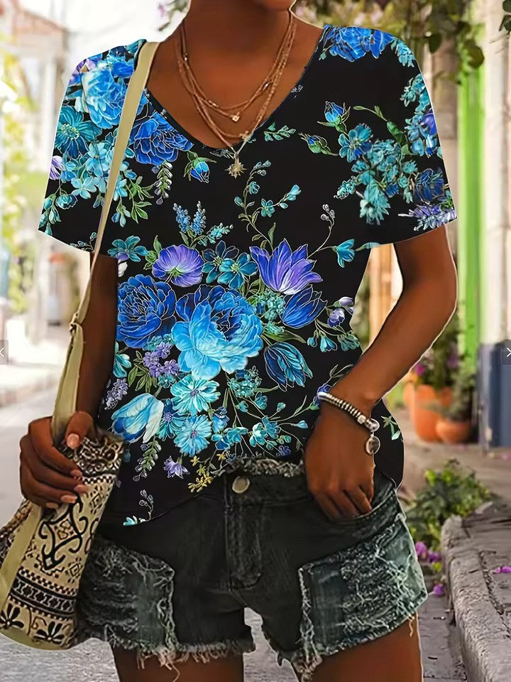 T-shirt doux à col en V avec motif pour femme