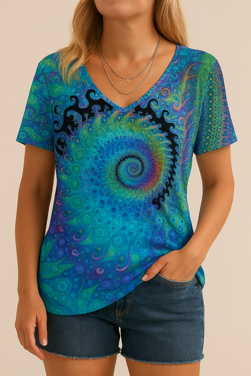 T-shirt doux à col en V avec motif pour femme