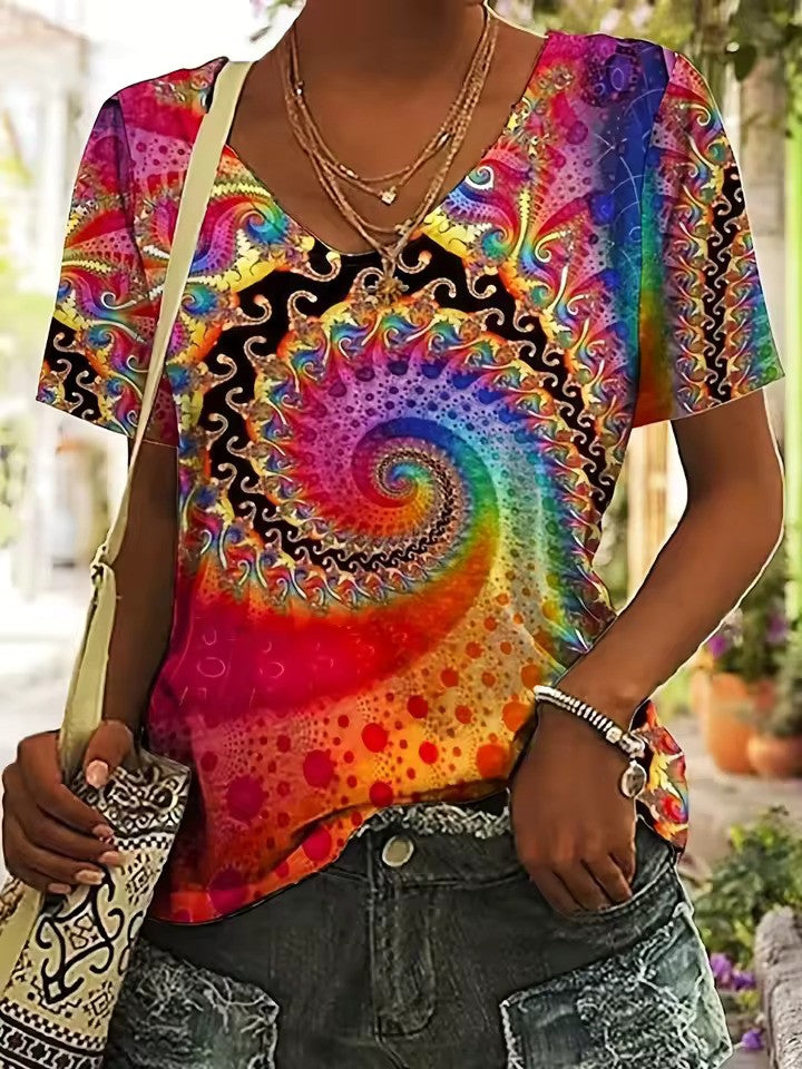T-shirt doux à col en V avec motif pour femme