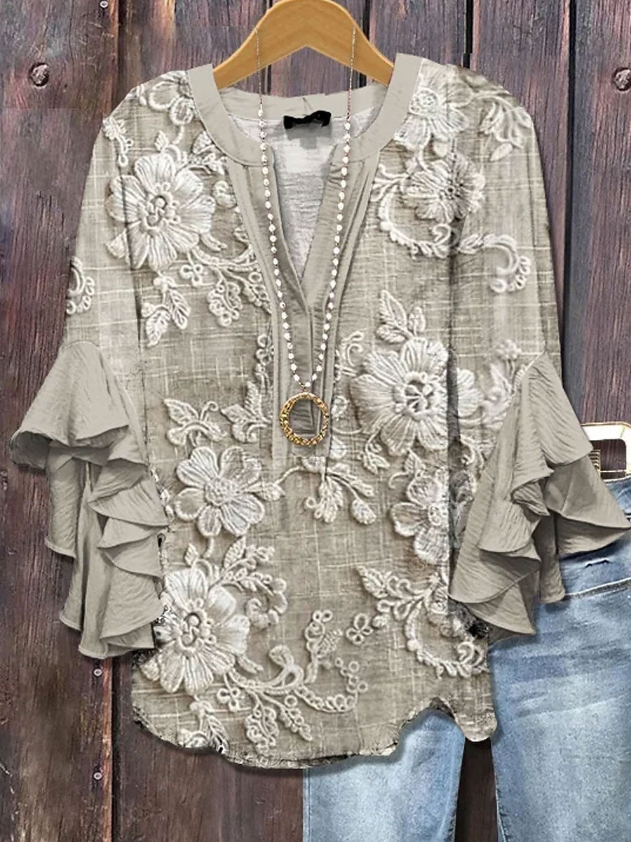 T-shirt femme à motif floral et détails volantés