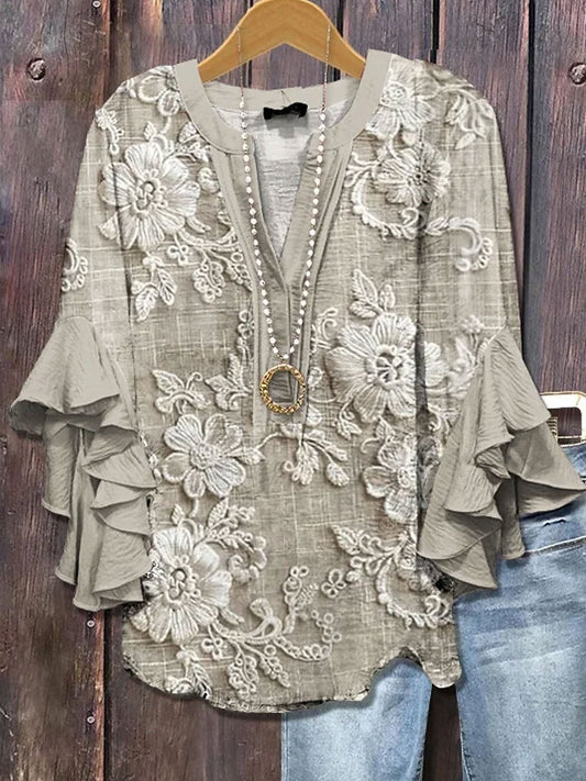 T-shirt femme à motif floral et détails volantés