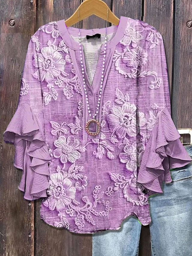 T-shirt femme à motif floral et détails volantés