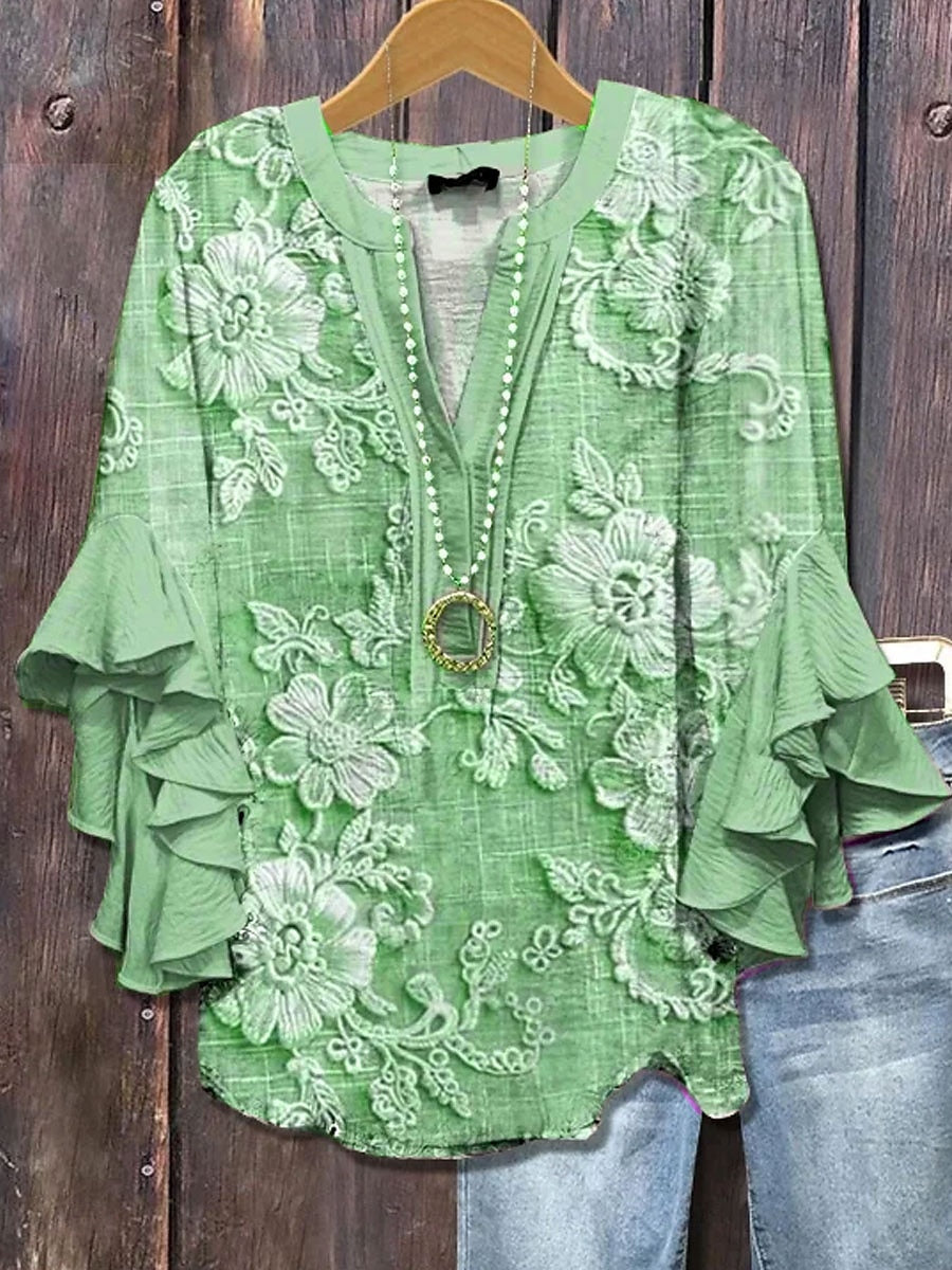 T-shirt femme à motif floral et détails volantés