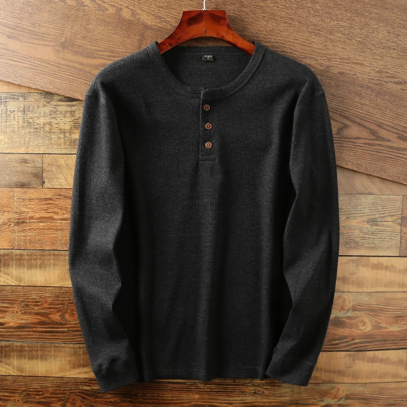 T-shirt henley à manches longues côtelé pour homme