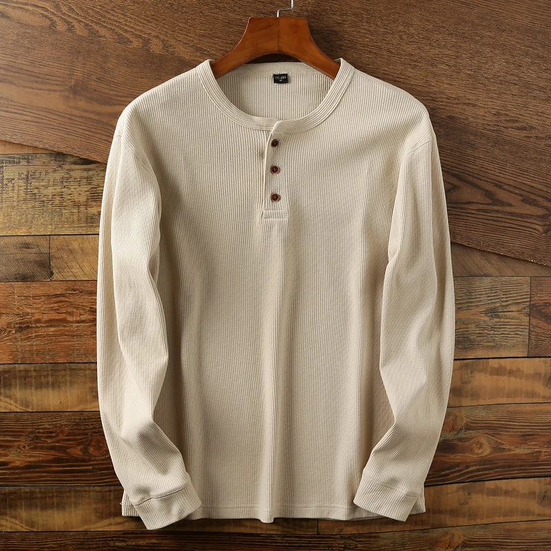 T-shirt henley à manches longues côtelé pour homme