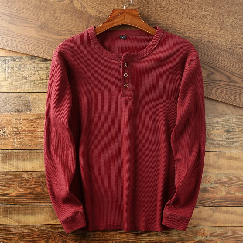 T-shirt henley à manches longues côtelé pour homme