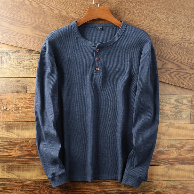 T-shirt henley à manches longues côtelé pour homme