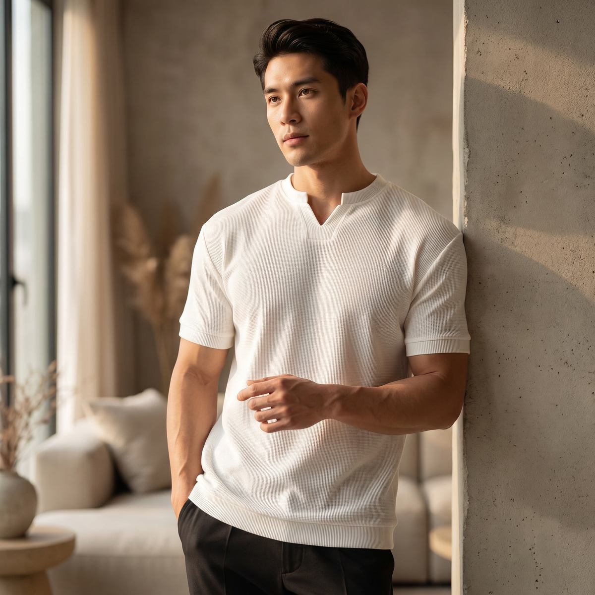 T-shirt homme en mélange de coton à encolure en V | Top léger décontracté d'été