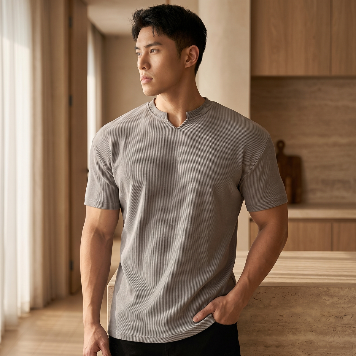 T-shirt homme en mélange de coton à encolure en V | Top léger décontracté d'été