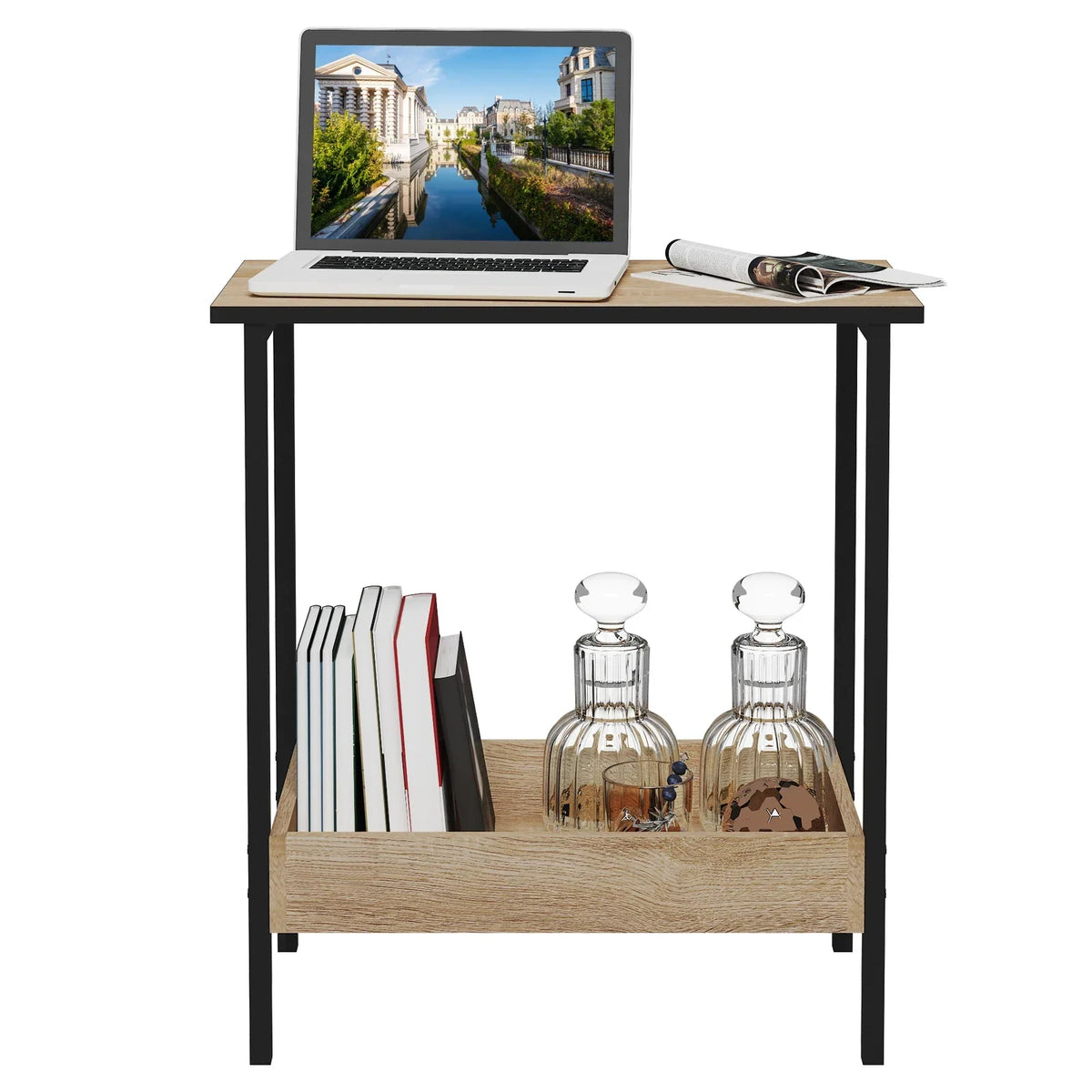 Table d'appoint et table basse avec 2 étagères et espace de rangement supplémentaire