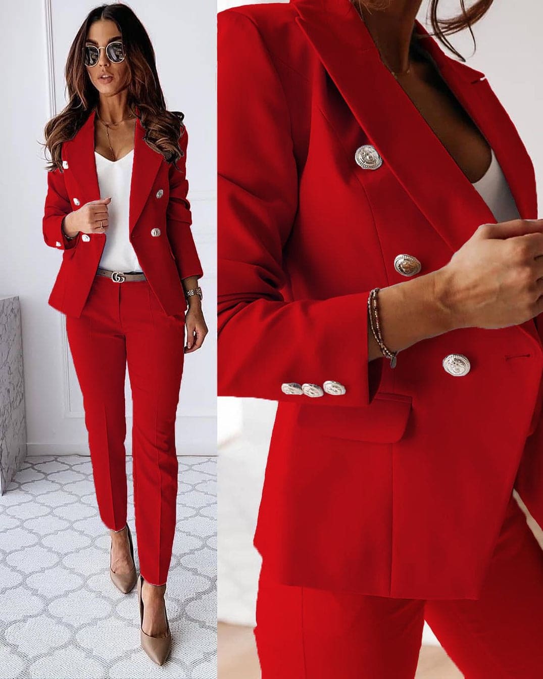 Tailleur pantalon 2 pièces à double boutonnage pour femme