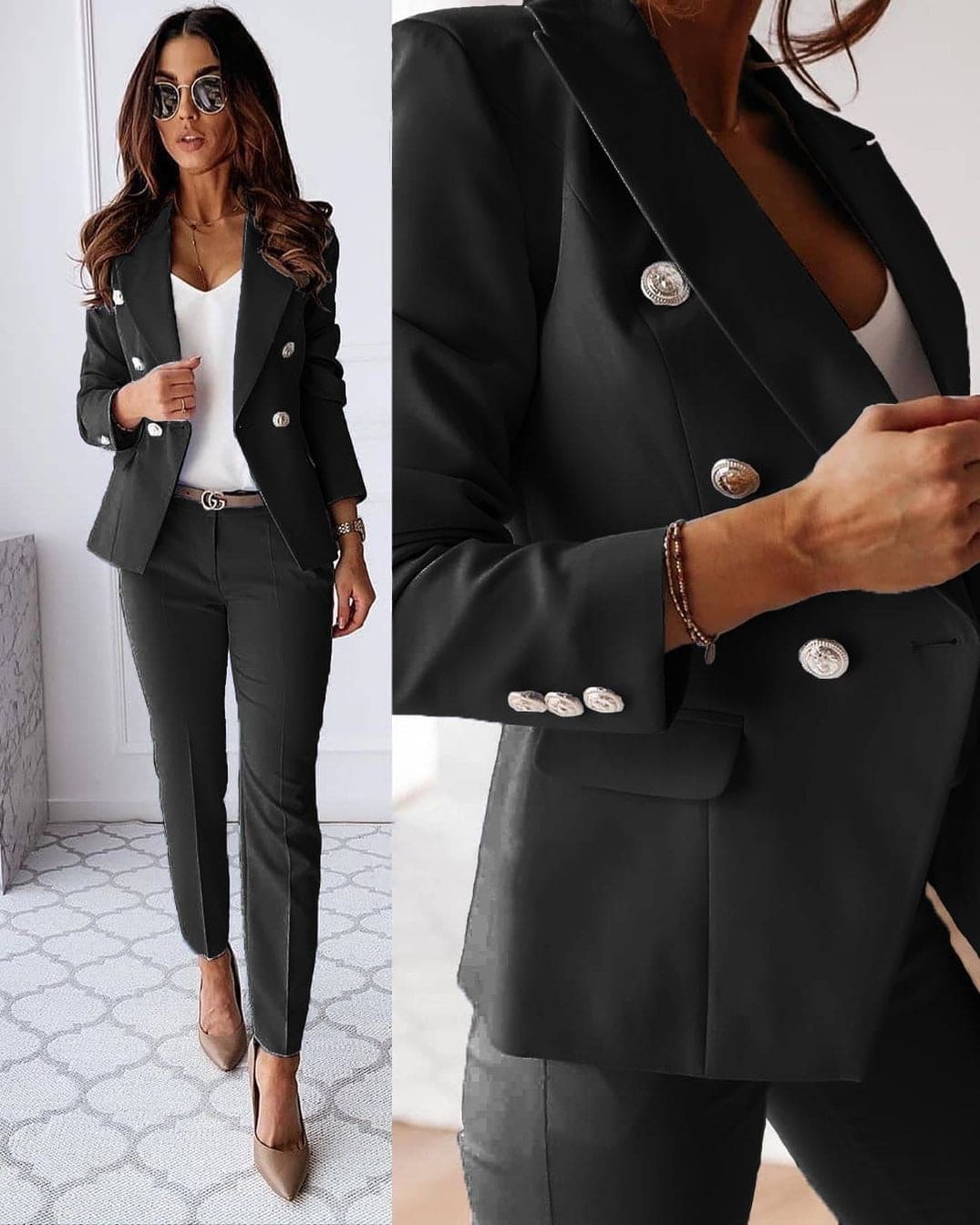 Tailleur pantalon 2 pièces à double boutonnage pour femme