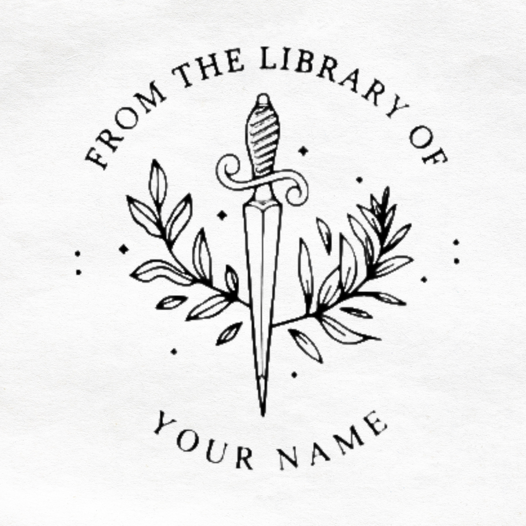 Tampon ex-libris personnalisé avec épée et motifs botaniques
