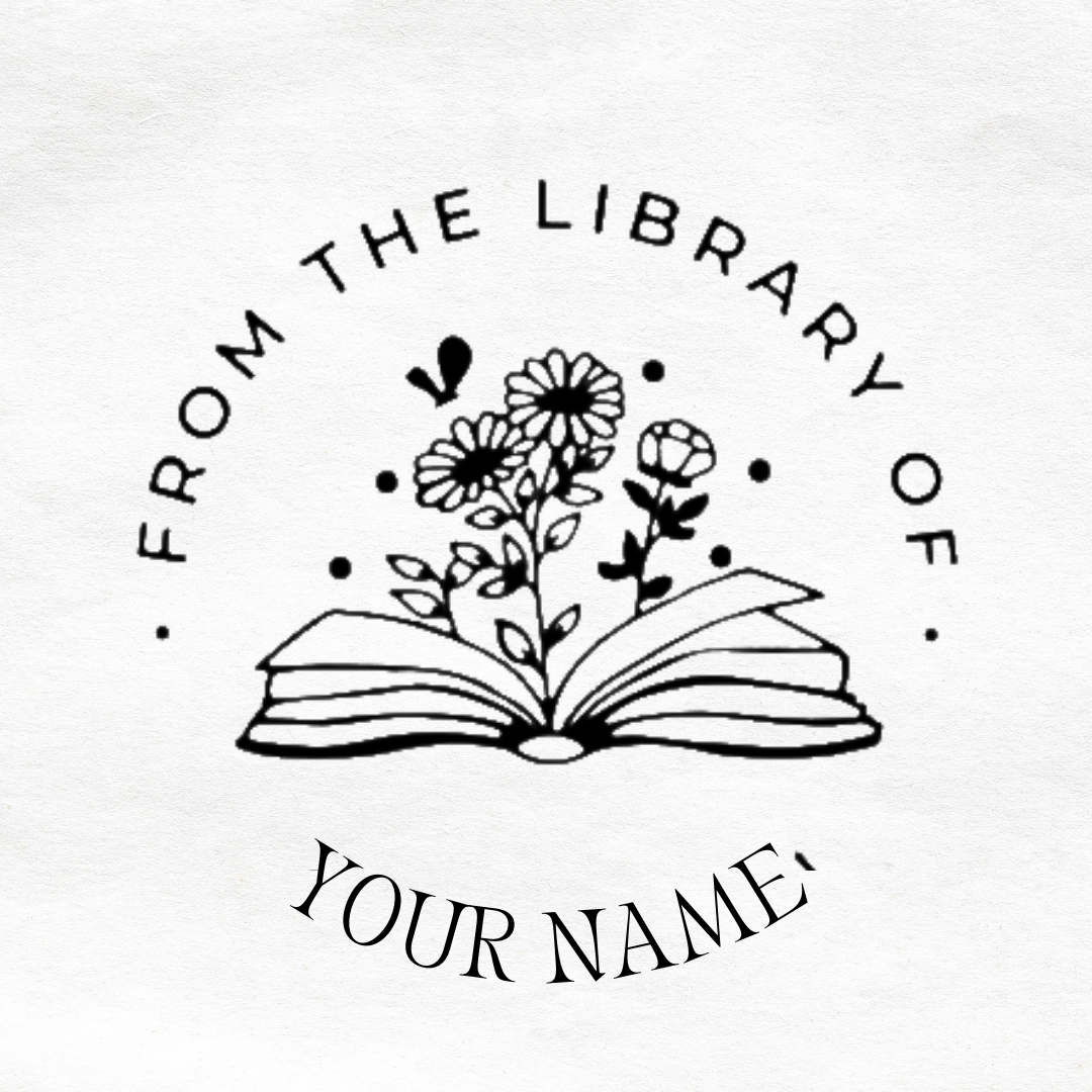 Tampon ex-libris personnalisé avec épée et motifs botaniques