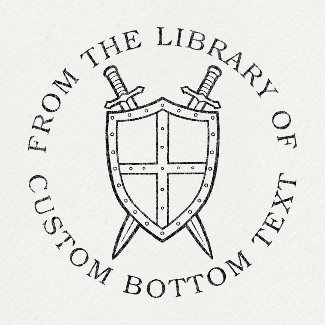 Tampon ex-libris personnalisé avec épée et motifs botaniques