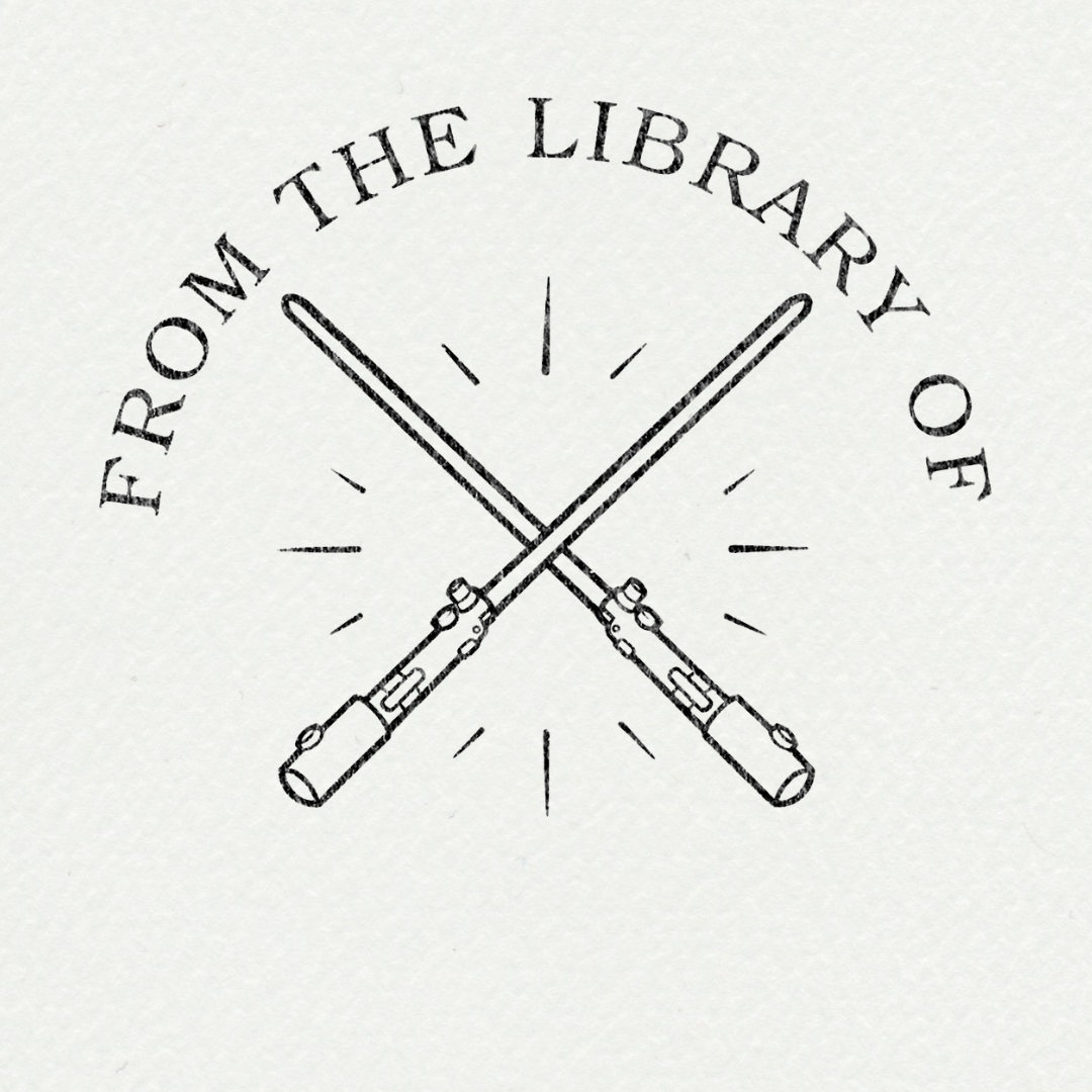 Tampon ex-libris personnalisé avec épée et motifs botaniques