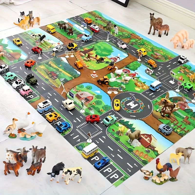 Tapis de jeu interactif ferme et circulation routière avec jouets à découvrir