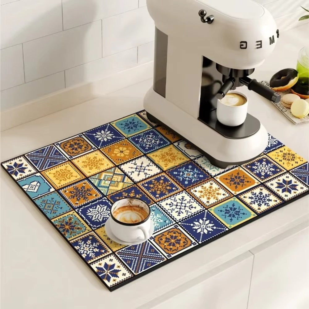 Tapis pour cafetière avec motif carrelage rétro – protection absorbante pour plan de travail