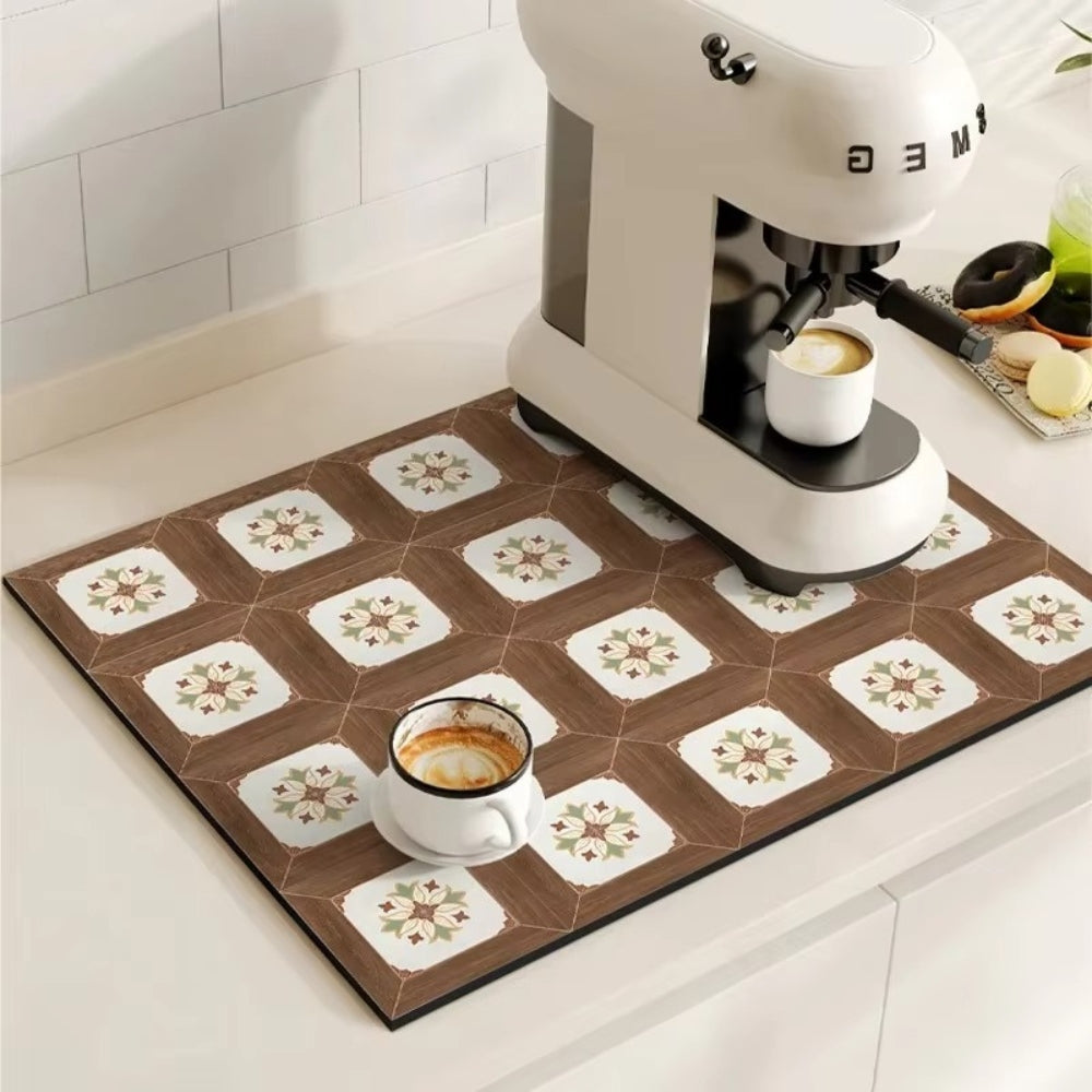 Tapis pour cafetière avec motif carrelage rétro – protection absorbante pour plan de travail